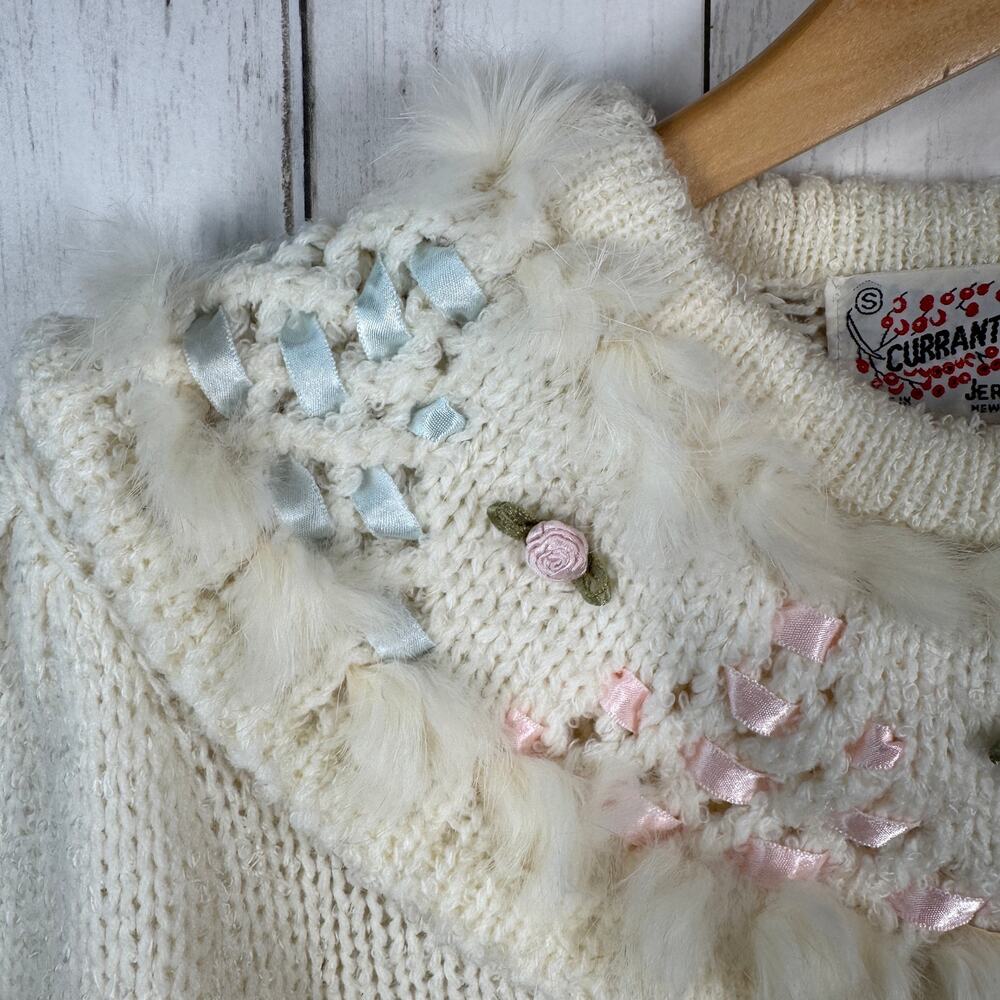 VTG Currants Cream Decorative Ribbon Collar Chunky Knit Sweater Korea Size Small - Picture 5 of 15